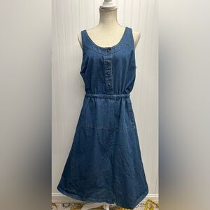 Vintage Young Stuff Denim Jumper Dress‎ Tie Waist Kangaroo Pocket Sz 40/L